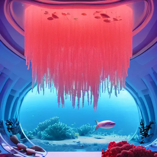 Image similar to photo of the modern fashionable room as aquarium with a chandelier as a big jellyfish, beautiful corals on the walls and dangerous sharks on the big panoramic window, a lot of gleans, under the ocean, realistic colors, realistic shadows, daylight made in blender and cinema 4 d, hd, 3 d by beeple and by greg rutkowski