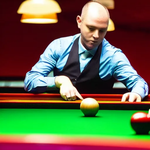 Image similar to snooker player Doug Mountjoy potting an onion in the middle pocket of a snooker table