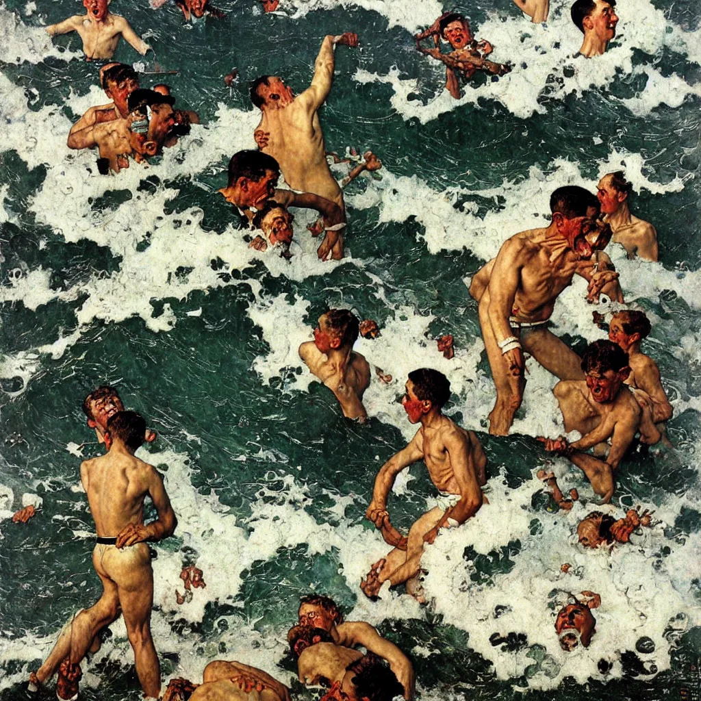 Image similar to the pandemonium of the sea becomes the man, oil on canvas, by norman rockwell