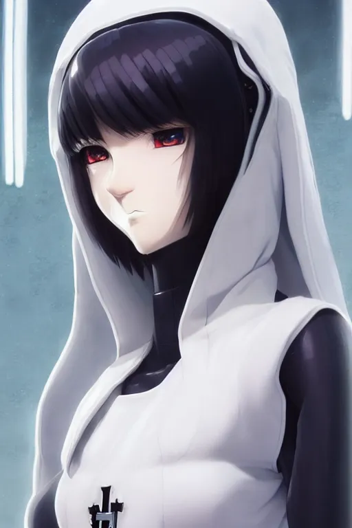 Image similar to portrait Anime cyborg girl in nun clothes, holy church Warhammer 40000, cute-fine-face, white-hair pretty face, realistic shaded Perfect face, fine details. Anime. realistic shaded lighting by Ilya Kuvshinov katsuhiro otomo ghost-in-the-shell, magali villeneuve, artgerm, rutkowski, WLOP Jeremy Lipkin and Giuseppe Dangelico Pino and Michael Garmash and Rob Rey