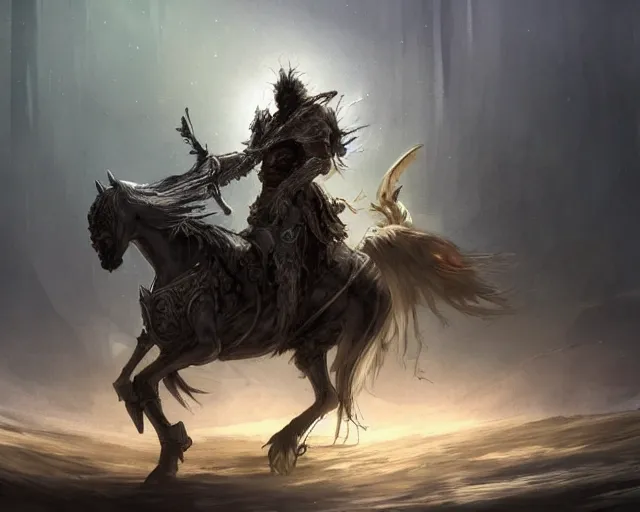 Image similar to A faded ghost warrior riding a giant ghost horse with armour, fantasy art, in the style of Frank Neidhardt, illustration, epic art, fantasy, intricate, elgant, amazing detail, digital painting, artstation, concept art, smooth, sharp focus