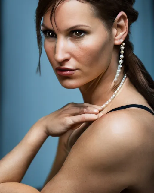 Prompt: An extremely beautiful studio photo of Lara Croft as the Girl With a Pearl Earring, bokeh, 90mm, f/1.4