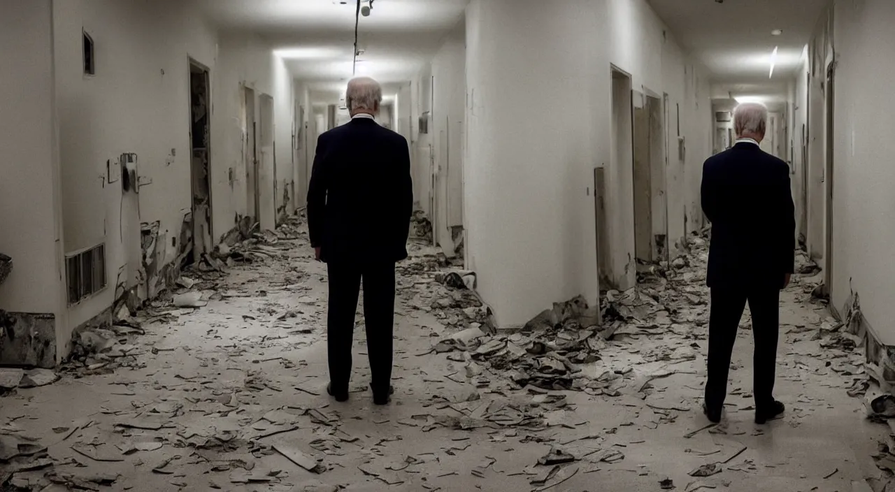 Image similar to unnerving dark 4 k photograph of joe biden standing alone in a long creepy hallway of an abandoned insane asylum, hospital, checkered floor, crime scene, horror