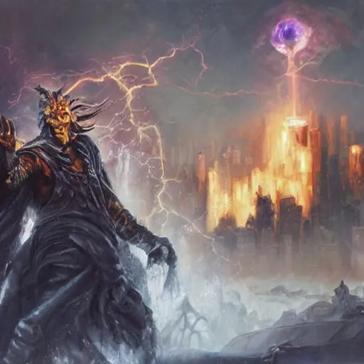 Prompt: photorealistic oil painting of an evil chaotic sorcerer weilding forbidden arcane magic against a city, gritty