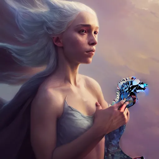 Image similar to the mother of dragons, beautiful oil painting, high detail, oil painting, greg rutkowski, charlie bowater, beeple, unreal 5, daz, hyperrealistic, octane render, rpg portrait, dynamic lighting, fantasy art, beautiful face