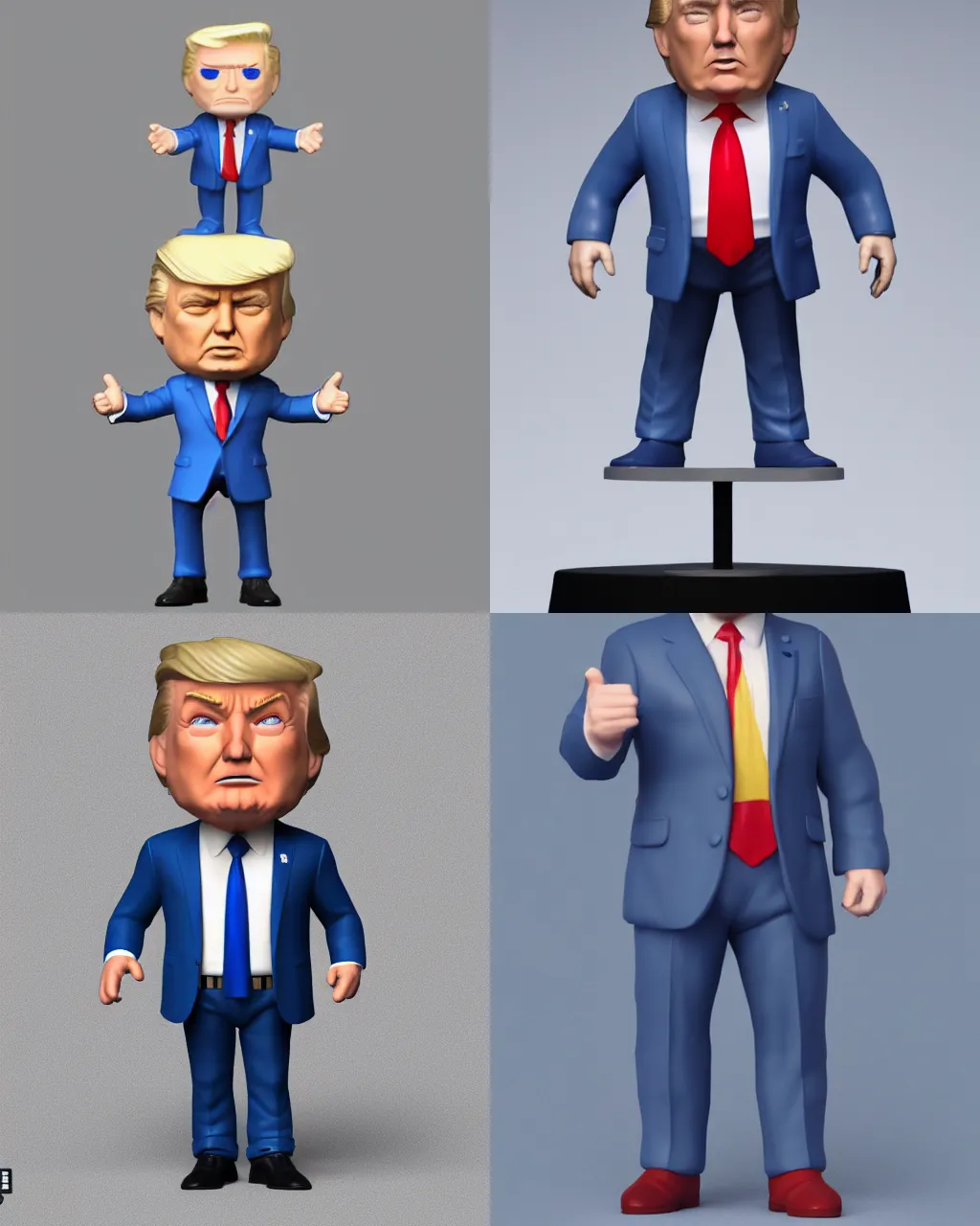 Image similar to full body 3d render of donald trump as a funko pop!, studio lighting, grey background, blue suit, single person, no shadow, blender, trending on artstation, 8k, highly detailed