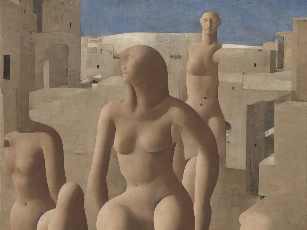 Prompt: Elongated woman sculpted by Henri Moore taking a bath in a river that crosses the streets of a deserted, brutalist city that now fills with dust, sand, smoke. Blighted thujas. Painting by Piero della Francesca, Morandi, Alex Colville