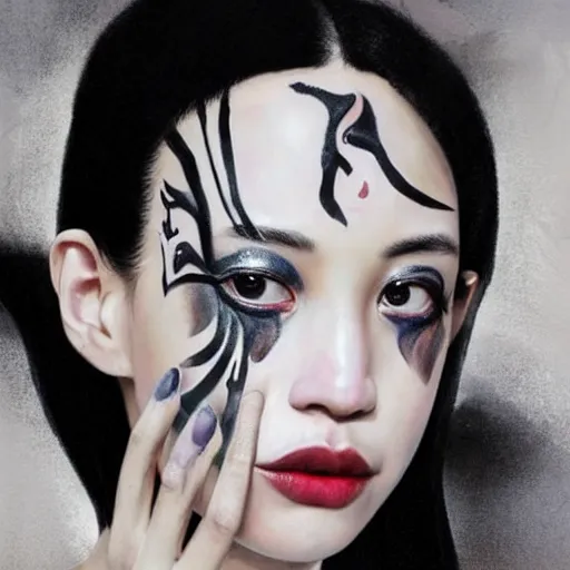 Image similar to Kiko Mizuhara body and face painted 100% silver all over, physically accurate, very very very dramatic dynamic lighting, intricate, elegant, highly detailed, digital painting, artstation, very hyperrealistic, HR GIGER, Hieronymus Bosch, Francis Bacon, concept art, smooth, sharp focus, illustration, very melancholy, very somber, very unnerving, unsettling, art by artgerm and greg rutkowski and alphonse mucha