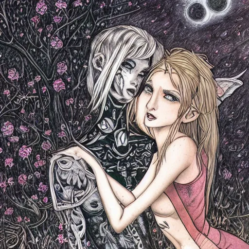 Image similar to blond butch tomboy woman, side by side, taller goth black - haired dark fae woman, in love, romantic in romantic garden at night, mike mignogna, illustration, pen and ink, oil painting, highly detailed, sci fi, dreamy and romantic