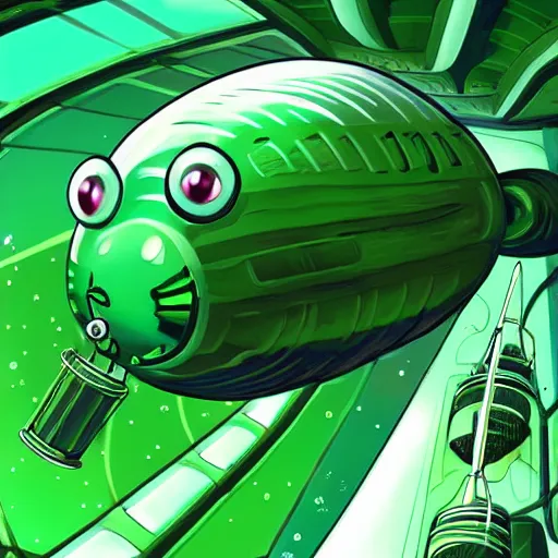 Image similar to a cute green caterpillar spinning a chrysalis inside a space station, sci-fi illustration