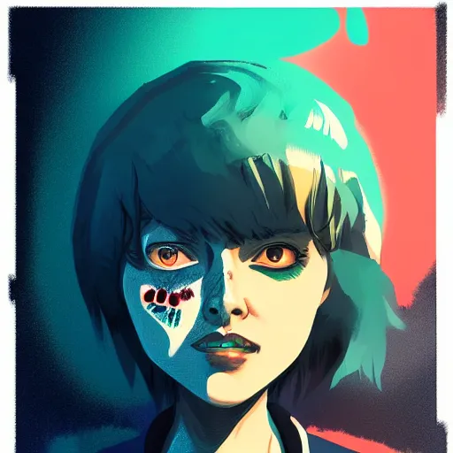 Image similar to Highly detailed portrait of a punk zombie young lady by Atey Ghailan, by Loish, by Bryan Lee O'Malley, by Cliff Chiang, ((dark blue moody background))