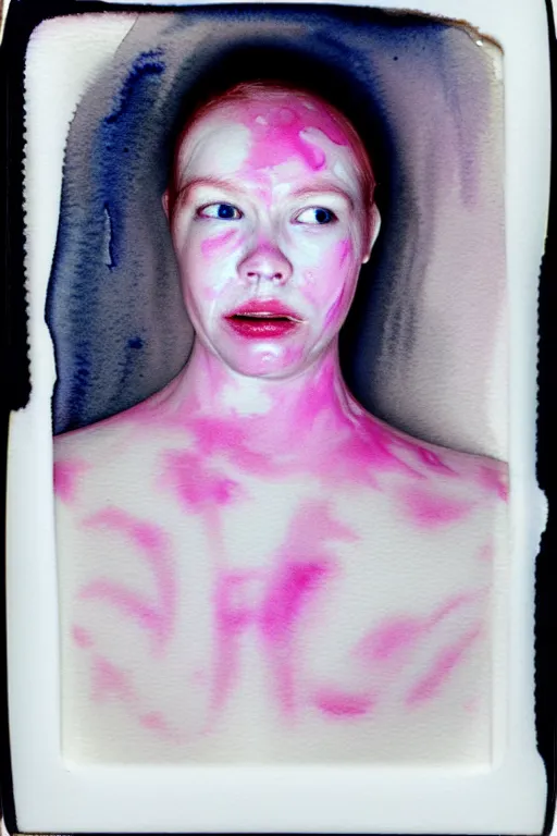 Image similar to watercolor, a liquid white clay porcelain portrait of a face melt down flow go runny, body painted with white thick fluid by marlene dumas, realistic detailed watercolor polaroid, grainy image, contrast