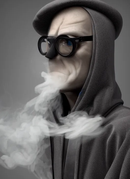 Prompt: an anthropomorphic beautiful male scientist portrait blowing smoke wearing black hoodie robe, fine art, award winning, intricate, elegant, sharp focus, octane render, hyperrealistic, wizard hat cinematic lighting, highly detailed, digital painting, 8 k concept art, art by jamie hewlett and z. w. gu, masterpiece, trending on artstation, 8 k