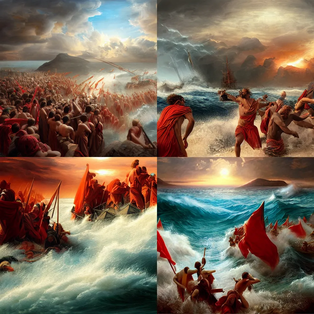 Prompt: parting of the Red Sea, realistic painting, classical painting, high definition, digital art, matte painting, very detailed, realistic