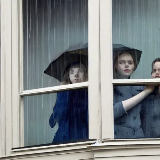 Prompt: Elle Fanning in front of a window watching the rain, by Edward Hopper, Extremely detailed. 8K. Award winning.