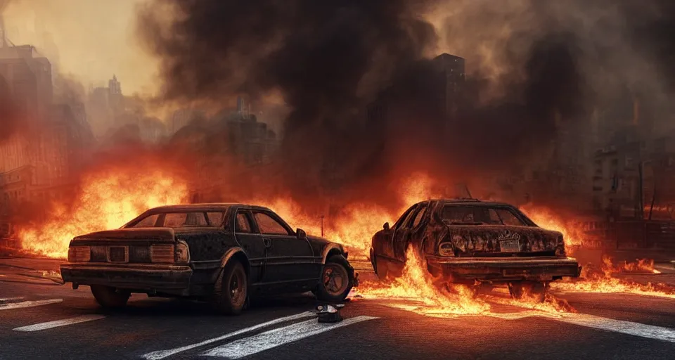 Image similar to A beautiful hyper realistic ultra detailed lifelike matte painting of a scruffy black Timber Wolf standing in the middle of a post-apocalyptic New York City street with cars and buildings engulfed in flames on fire, unreal engine, deviantart, flickr, artstation, octane render, textured, colorful, extreme realistic detail, physically based rendering, pbr render, very detailed, volumetric lighting, detailed lighting, octane render, 4k, cinematic lighting, 8k resolution