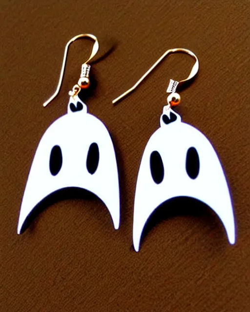 Prompt: spooky cartoon ghost, 2 d lasercut earrings, in the style of tim burton