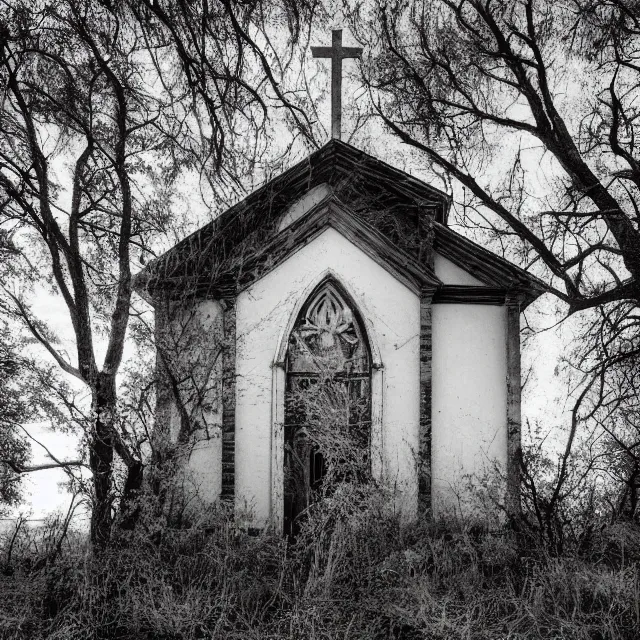 Prompt: abandoned church with overgrown vegetation, vintage infrared photograph