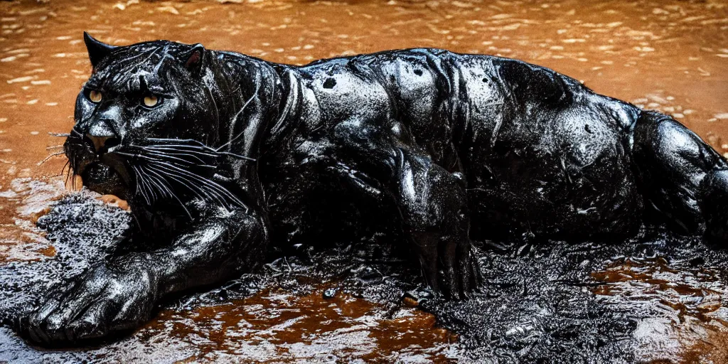 Image similar to a panther, made of ferrofluid, bathing inside the tar pit, full of goo, covered with ferrofluid. dslr, photography, realism, animal photography, color, savanna, wildlife photography