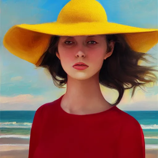 Image similar to beautiful oil matte portrait painting, young woman with red dress and mustard yellow summer hat at a beach on a sunny day, wonderful masterpiece highly detailed, beautiful cinematic light deep focus, elegant, digital painting, smooth, sharp focus, golden ratio, dramatic illumination, ultra realistic, 8 k, art by jimmy law