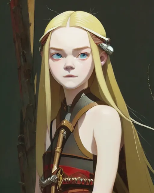 Image similar to elle fanning as an azctec warrior, detailed perfect face, exquisite details, fire magic, mid view, design on a white background, by studio muti, greg rutkowski makoto shinkai takashi takeuchi studio ghibli