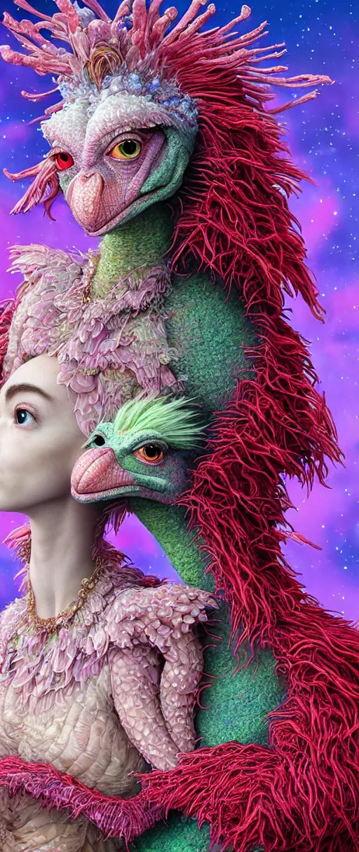Prompt: hyper detailed 3d render like a Oil painting - kawaii portrait of two Aurora (a beautiful skeksis muppet fae princess protective playful personality from dark crystal that looks like Anya Taylor-Joy) seen red carpet photoshoot in UVIVF posing in scaly dress to Eat of the Strangling network of yellowcake aerochrome and milky Fruit and His delicate Hands hold of gossamer polyp blossoms bring iridescent fungal flowers whose spores black the foolish stars by Jacek Yerka, Ilya Kuvshinov, Mariusz Lewandowski, Houdini algorithmic generative render, Abstract brush strokes, Masterpiece, Edward Hopper and James Gilleard, Zdzislaw Beksinski, Mark Ryden, Wolfgang Lettl, hints of Yayoi Kasuma and Dr. Seuss, octane render, 8k