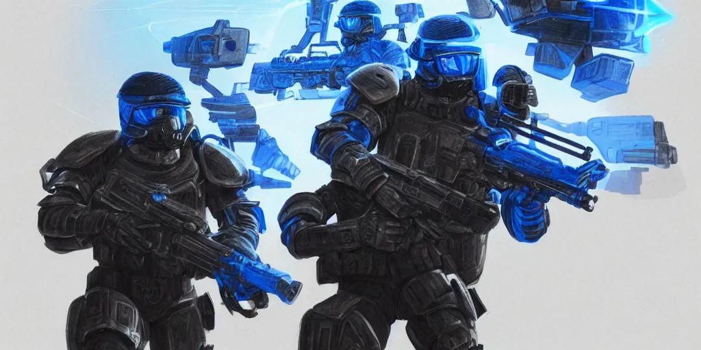 Image similar to A very detailed sketch of two soldiers with blue laser rifles wearing black power armour with blue sprites and full helmets with blue visors, night, fog, a complicated chrome-plated spaceship with blue lights in the background, realistic 4k octane beautifully detailed render, 4k post-processing, highly detailed, intricate complexity, epic composition, magical atmosphere, cinematic lighting, masterpiece, ultra hd