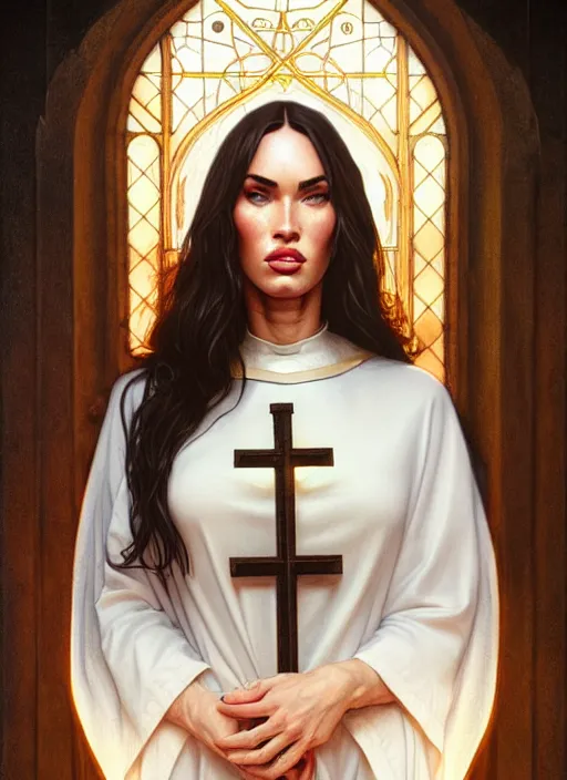 Image similar to portrait of megan fox as a sultry nun, catholic, church, bible, christian, intricate, headshot, highly detailed, digital painting, artstation, concept art, sharp focus, cinematic lighting, illustration, art by artgerm and greg rutkowski, alphonse mucha, cgsociety