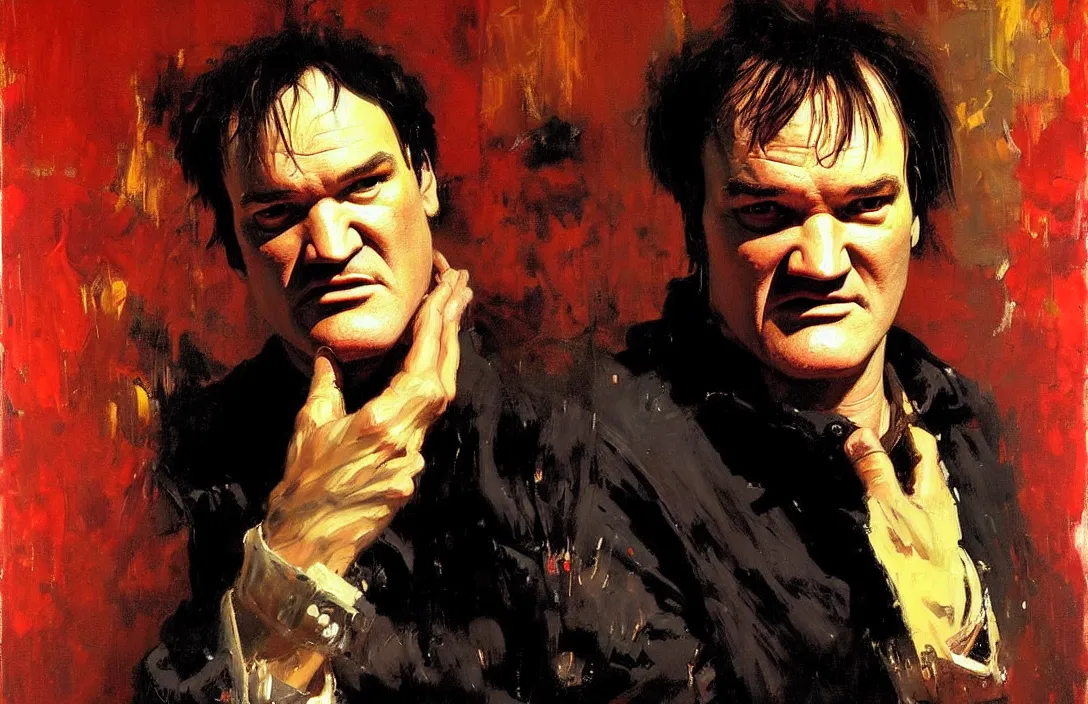 Image similar to portrait of quentin tarantino!!!!!!!!!!!!!!!!!!!!!!!!!!!, detailed face, detailed painting,, epic lighting, by ilya repin, phil hale and kent williams