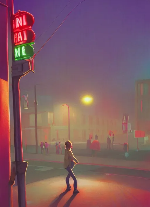 Prompt: Twin Peaks poster artwork by Michael Whelan and Tomer Hanuka, Rendering of teenagers dancing at night in the street corner the only intersection in town with a soft colorful glow from the traffic light hanging from scene from Twin Peaks, full of details, by Makoto Shinkai and thomas kinkade, Matte painting, trending on artstation and unreal engine