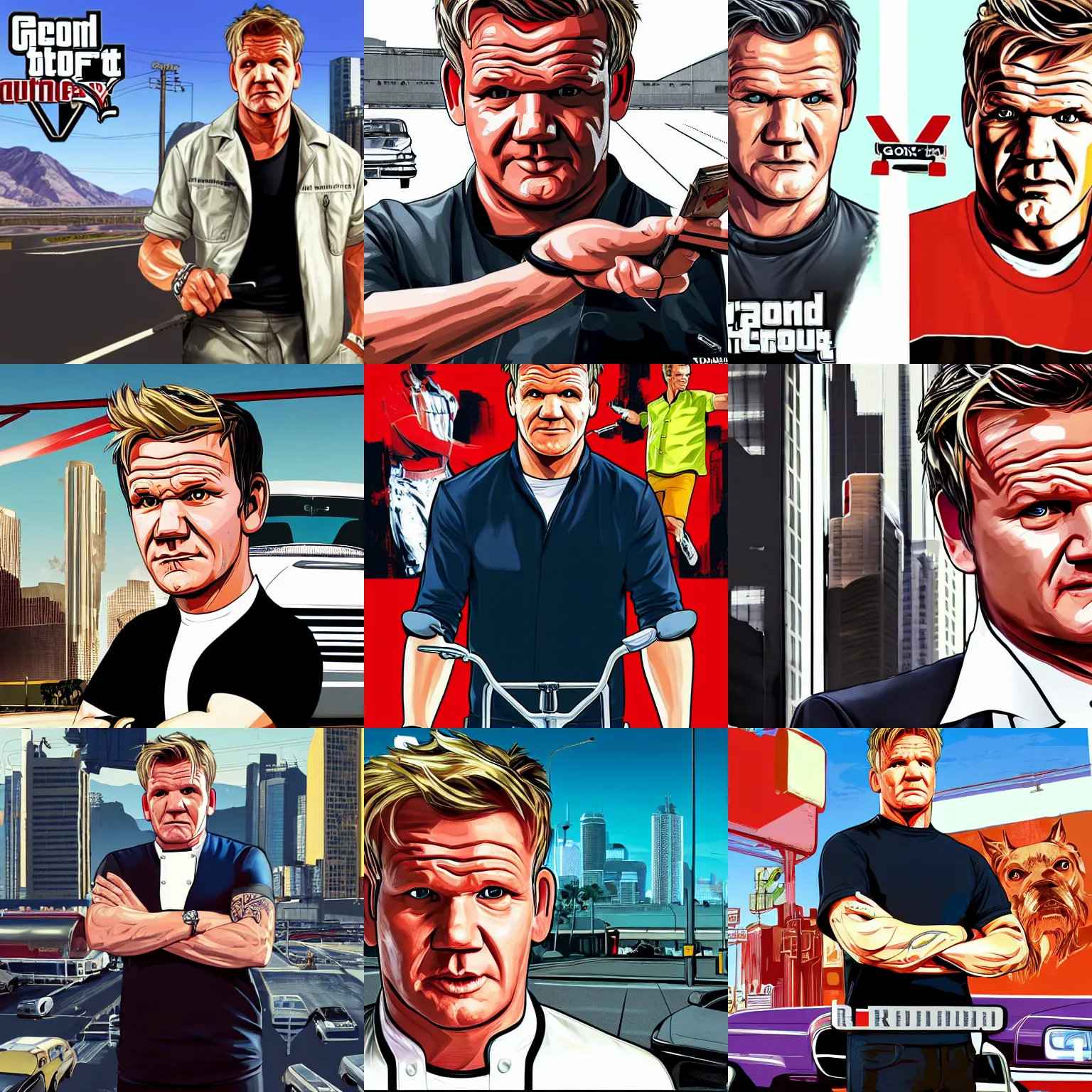 Prompt: gordon ramsay in gta v promotional art by stephen bliss, no text, very detailed, professional quality