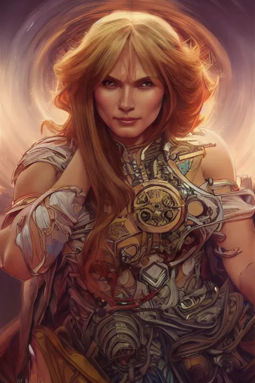 Image similar to ultra realistic illustration, female he - man, sci - fi, fantasy, intricate, elegant, highly detailed, digital painting, artstation, concept art, smooth, sharp focus, illustration, art by artgerm and alphonse mucha