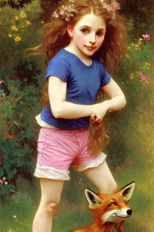 Image similar to a seven - year old girl with long curly dirty blonde hair, blue eyes, tan skin, a pink tee shirt, shorts, playing with a fox, painting by daniel gerhartz, alphonse mucha, bouguereau, detailed art, artstation