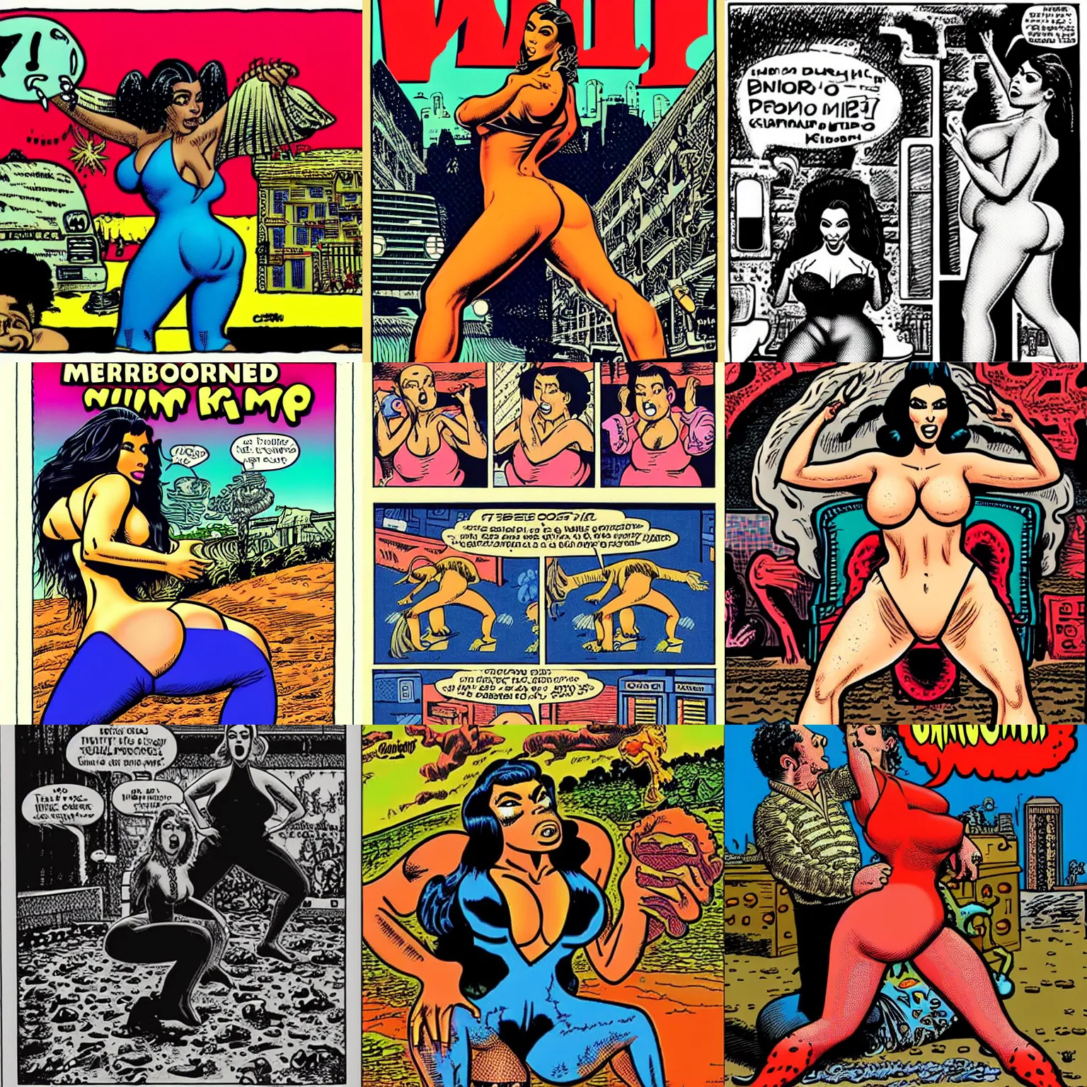 Prompt: kim kardashian twerking by robert crumb, richard corben, clay wilson, spain rodriguez, underground comix, zap comix, bijou funnies