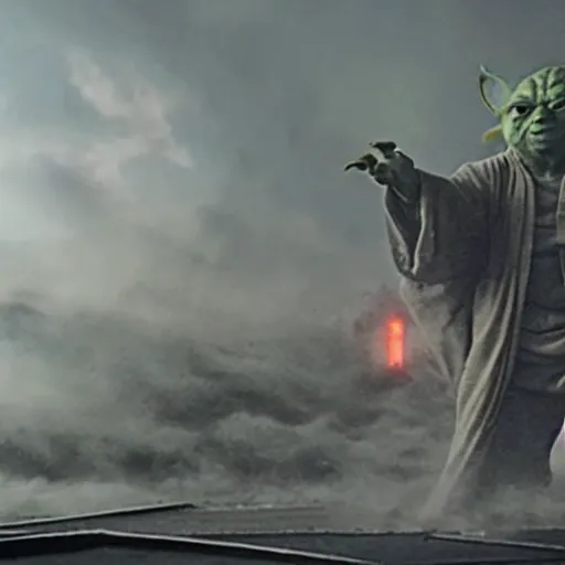 Prompt: movie still of yoda as godzilla destroying tokyo in the new godzilla movie, giant yoda