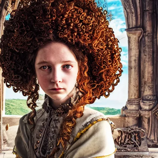 Prompt: character portrait of the white queen thomasin mckenzie with gorgeous detailed eyes in the marketplace in the sky, color page, tankoban, 4 k, tone mapping, doll, akihiko yoshida, james jean, andrei riabovitchev, marc simonetti, yoshitaka amano, kentaro miura, long hair, curly