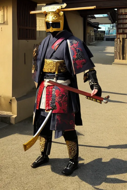 Prompt: a godlike and indomitable masked and helmeted samurai posing with their katana before a Torii gate with pride, the rising sun in the background. Photo realistic. Award winning