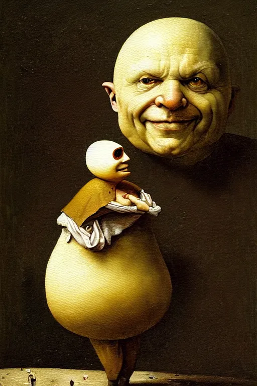 Image similar to hieronymus bosch and greg rutkowski, oil painting of short fat humpty dumpty