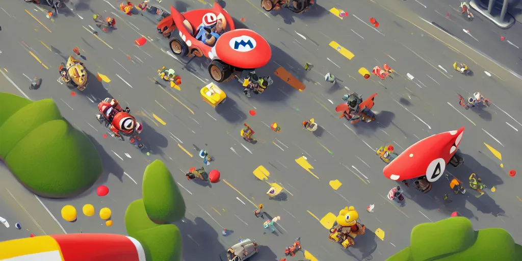 Image similar to Mario Kart by Goro Fujita and Simon Stalenhag , 8k, trending on artstation, hyper detailed, cinematic