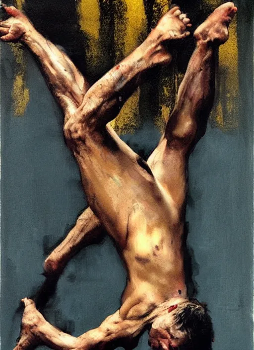 Prompt: pauly shore handstand, painting by phil hale, fransico goya,'action lines '!!!, graphic style, visible brushstrokes, motion blur, blurry, visible paint texture, crisp hd image