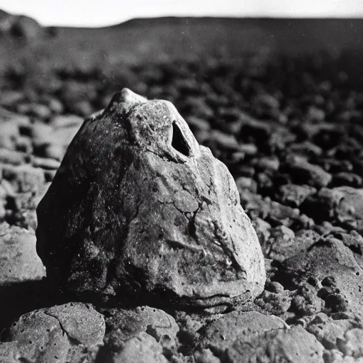 Image similar to An old, creepy, but very detailed photograph found of a suspicious rock near a lava lake with a very difficult equation written on it.