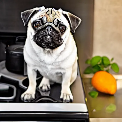 Prompt: An adorable pug sitting in a pot of water atop a stove, high resolution photograph - n 8