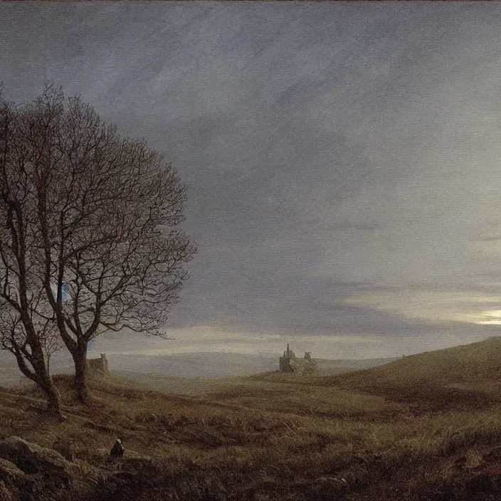 Image similar to painting of a mansion on the moorland by caspar david friedrich, at night, eerie, supernatural