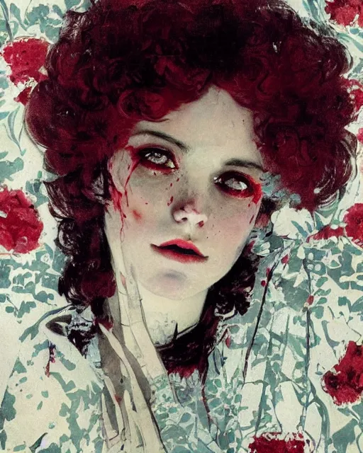 Image similar to a beautiful but sinister girl in layers of fear, with haunted eyes and curly hair, 1 9 7 0 s, seventies, floral wallpaper, delicate embellishments, a little blood, crimson, painterly, offset printing technique, by coby whitmore