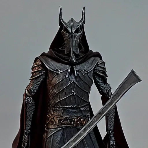 Image similar to Sauron skeletal mask holding sword intimidating standing in front of Minas Morgul fortress Minas Ithil ring wraith fantasy painting mid distance 40mm fullbody