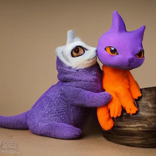 Prompt: tiny adorable purple fantasy dragon cuddles an orange tabby cat, realistic, orange tabby cuddles purple dragon, award - winning photography