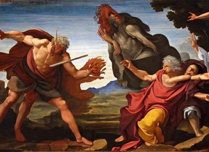 Image similar to renaissance painting of Gandalf the gray, right, fighting the fiery giant balrog, left, by nicolas poussin