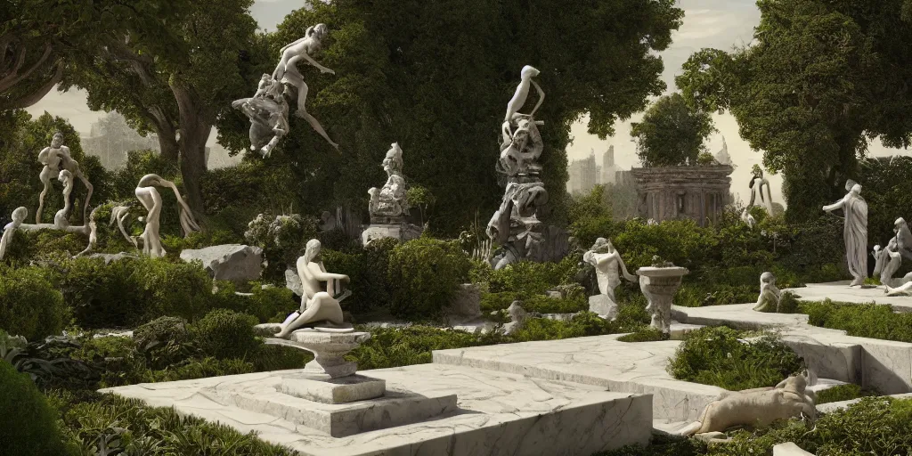 Image similar to Garden Utopia, mind puzzles, marble statues, surrealism, outside, intricate artwork by caravaggio. Trending on artstation, octane render, cinematic lighting from the right, hyper realism, octane render, 8k, depth of field, 3D