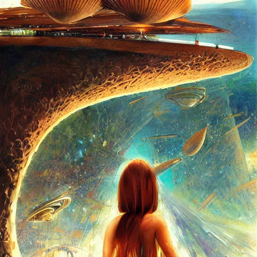 Image similar to beautiful portrait of bamboo living pods shaped like a sea shell embedded on the side of a cliff, windows, the time machine, spaceship by john berkey, panoramic view, ssci - fi, futuristic valley, hd wallpaer, art by artgerm, artwork by peter gric and brian froud and esao andrews