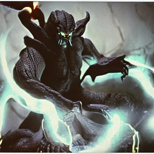 Image similar to a movie still with the balrog from lord of the ring in tron, highly detailed, realistic, photo, polaroid